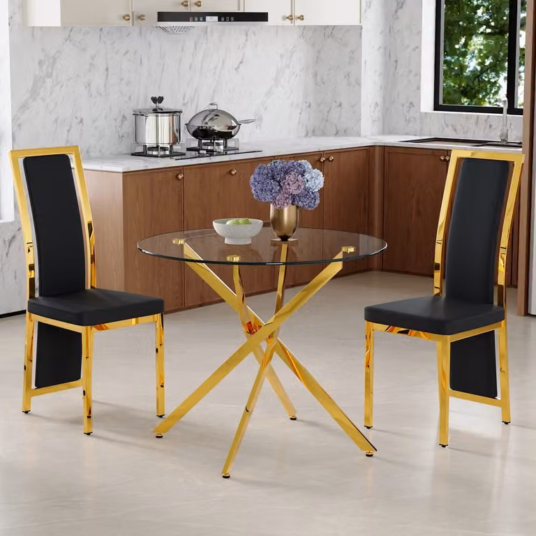 Intebiki Tafel- en stoelenset met glazen eettafel en 2 zwarte PU-eetkamerstoelen met gouden accenten