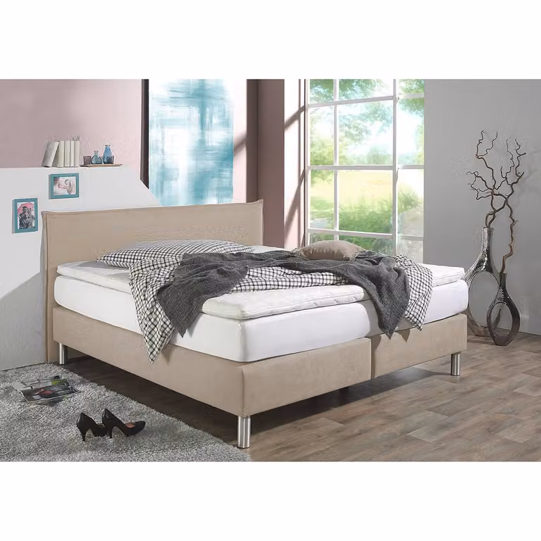 home24 Boxspring Hedensted B/D: 140 x 200 cm beige/cappuccinokleurig geweven stof met H3 pocketveringmatras