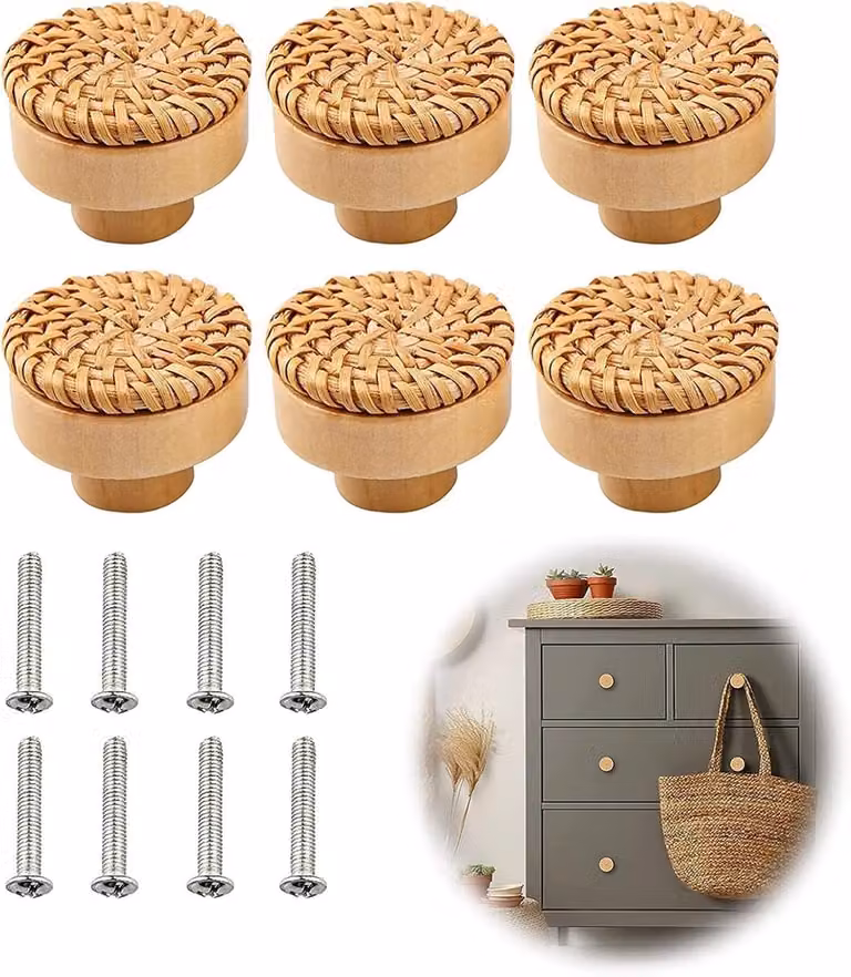 Set van 6 Boheemse rotan meubelknoppen met houten deurknoppen voor kasten en laden, 40 mm