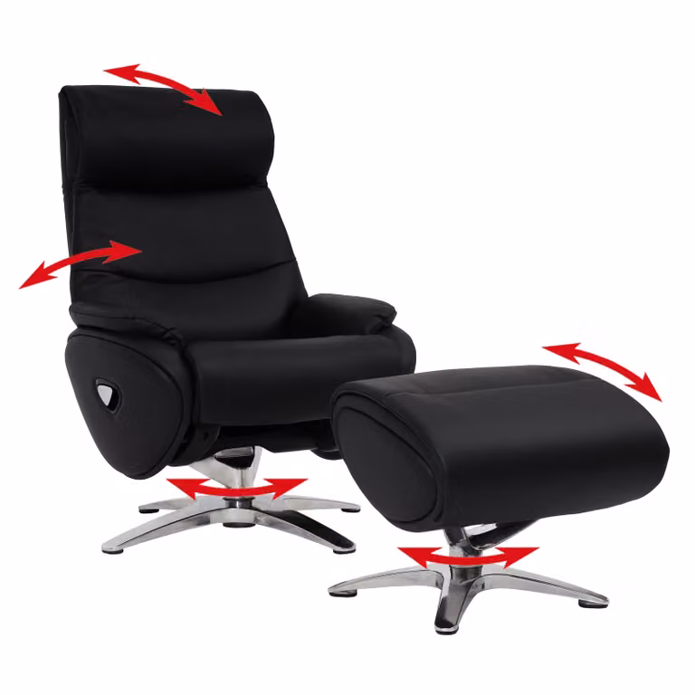 Mendler Relaxfauteuil met voetenbank HWC-K98, draaibaar en verstelbare rugleuning, zwart echt leer/kunstleer