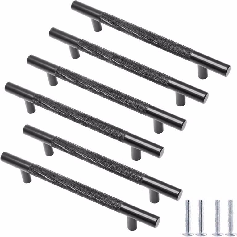 Set van 6 matzwarte T-Bar kastgrepen 128mm met groef voor keuken en meubels