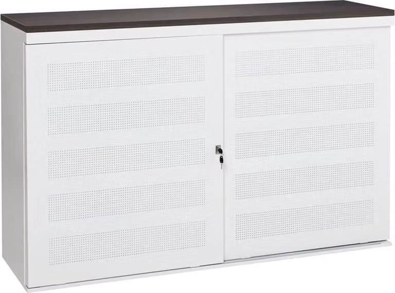 Schuifdeurkast met geperforeerde deuren, Halifax Eiken en Aluminium (RAL9006), B: 166 cm, D: 40 cm, H: 100 cm