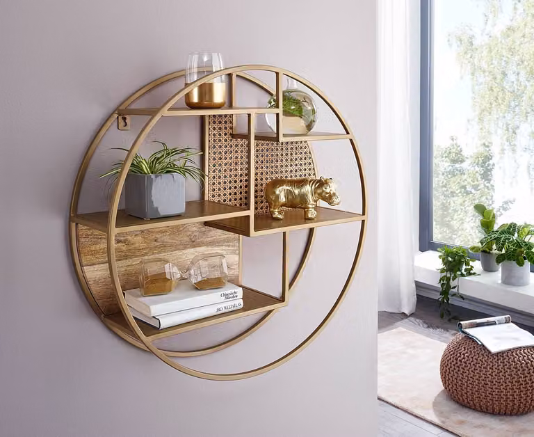 home24 Danta Open Wandkast met Rotan en Massief Mangohout, Bruin/Goud, Ø 62 cm