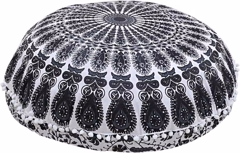 Vloerkussenhoes Rond met Mandala Patroon - Poef Cover - Bohemian Decoratie - Zwart Goud - Diameter: 81 cm