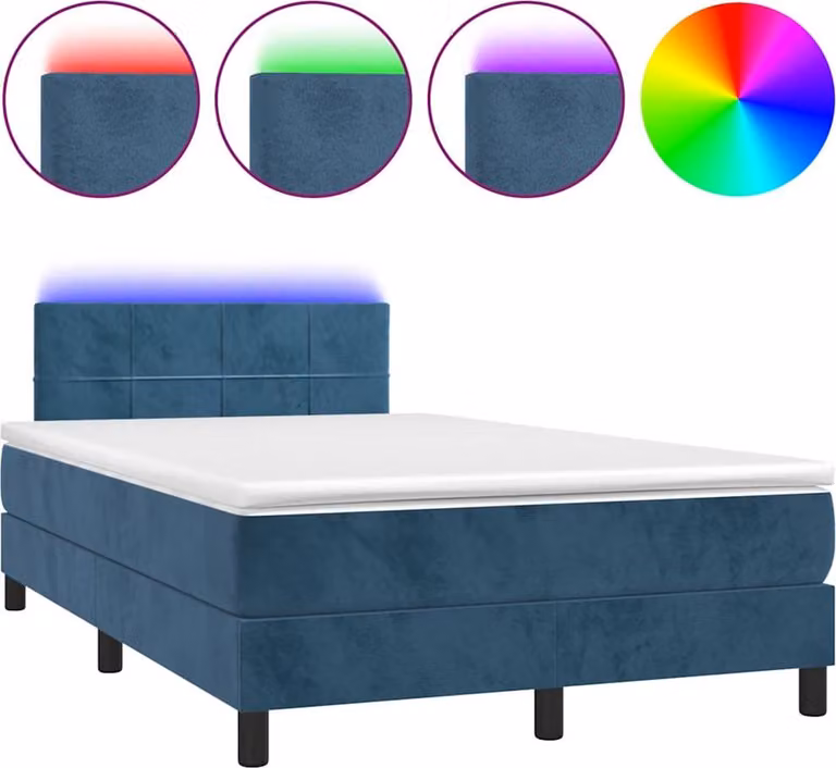 DKD HOME DECOR Boxspringbed met matras en LED-verlichting, donkerblauw, 120 x 190 cm, fluweel