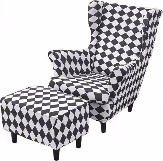 Stretch Vleugelstoel Hoes Set met Ottomaan Slipcover, Multicolour Geruit, Vlekbestendig en Elastisch