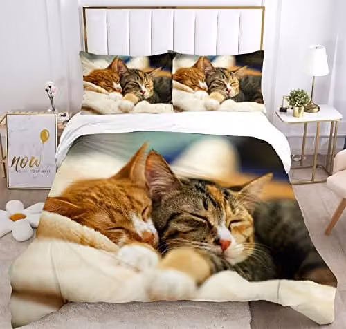 JEFFEL 3D Beddengoedset met Kattenprint, Dekbedovertrek met Ritssluiting en 2 Kussenslopen, 135x200 cm
