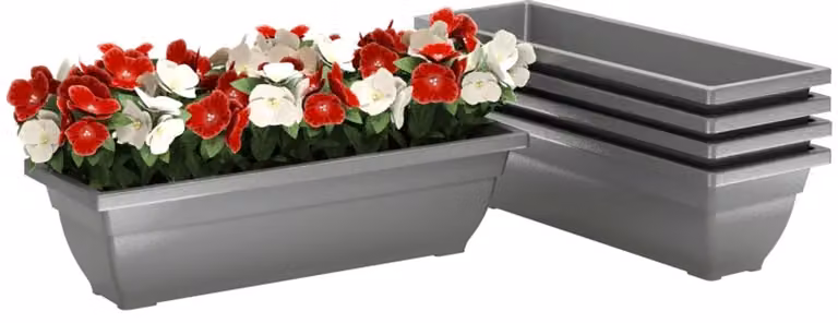 Set van 5 grijze plastic plantenbakken voor buiten, terras en tuin - B/D/H: 59 x 21 x 16 cm
