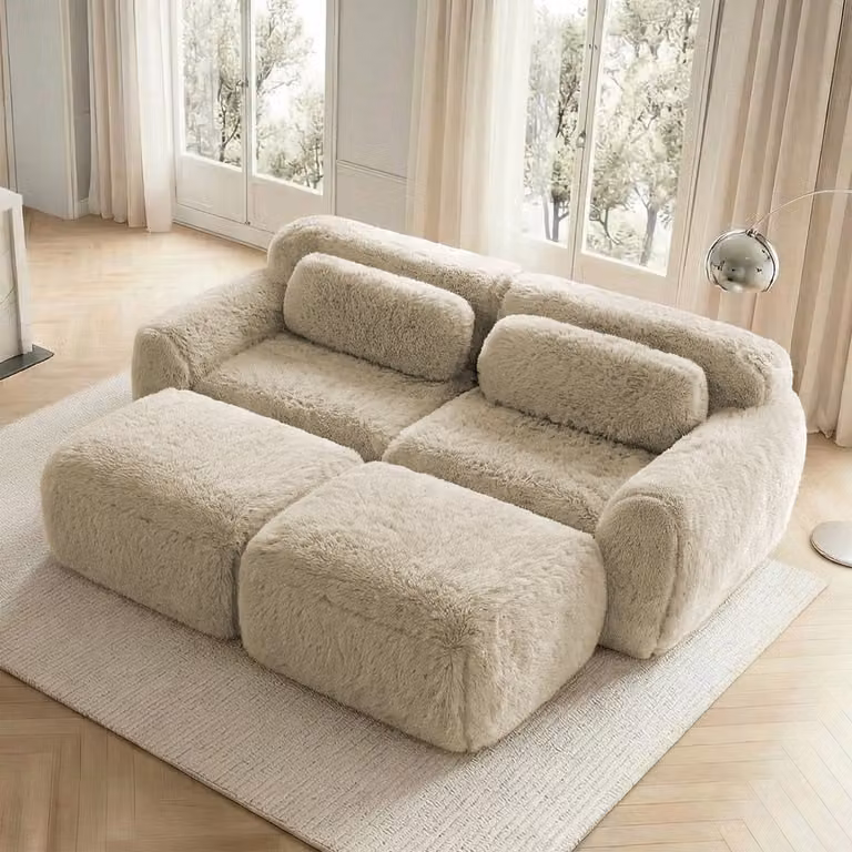 MEUNIQ modulaire 2-zits slaapbank met 2 ottomans, zachte pluche bekleding, licht kaki, B/D/H: 204 x 179 x 73 cm