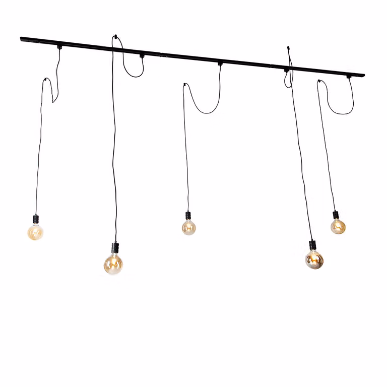 Qazqa Modern railsysteem met 5 dimbare hanglampen zwart, 1-fase, metaal