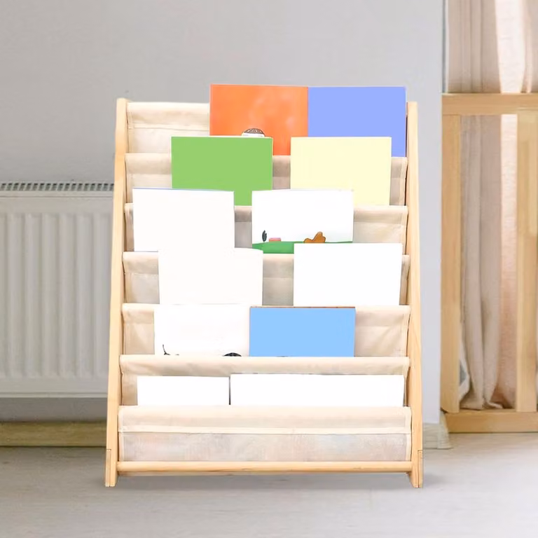 Stevige houten kinder boekenkast en opbergrek in houtkleur, Hoogte: 79 cm