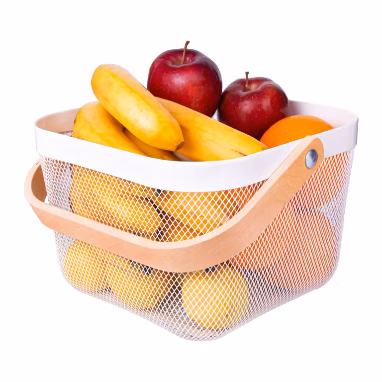 QUVIO Draagbare metalen mand met houten handvat en mesh-ontwerp - Wit