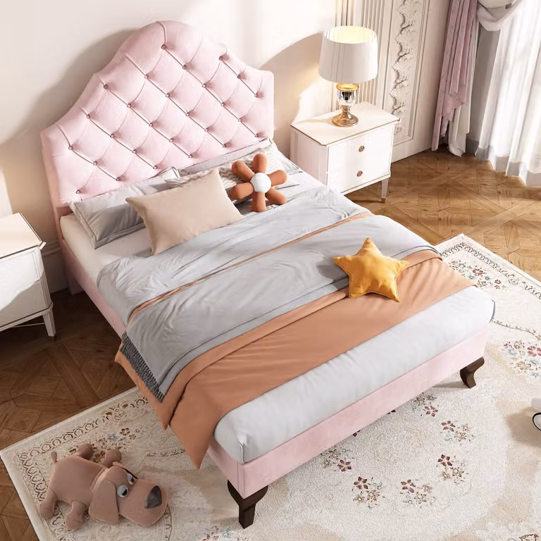Wishdor Elegant Gestoffeerd Eenpersoonsbed 90x200 cm - Gecapitonneerd Hoofdbord - Roze Fluweel - Klassiek Design