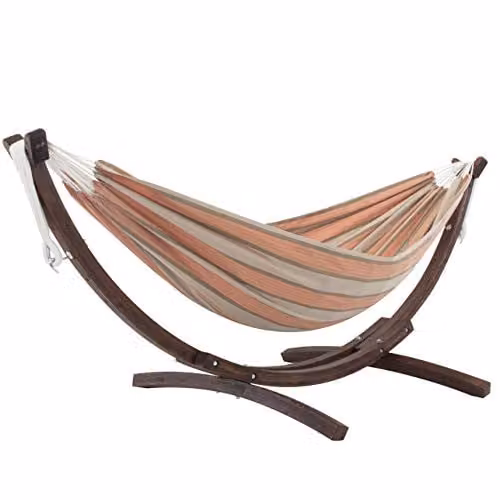 Vivere Sunbrella Dubbele Hangmat met Massief Houten Standaard - Cameo