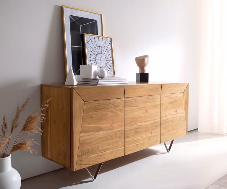 DELIFE Dressoir Kayu Modern Acacia Natuur met 3 Deuren en V-poot, B/D/H: 145 x 40 x 70 cm