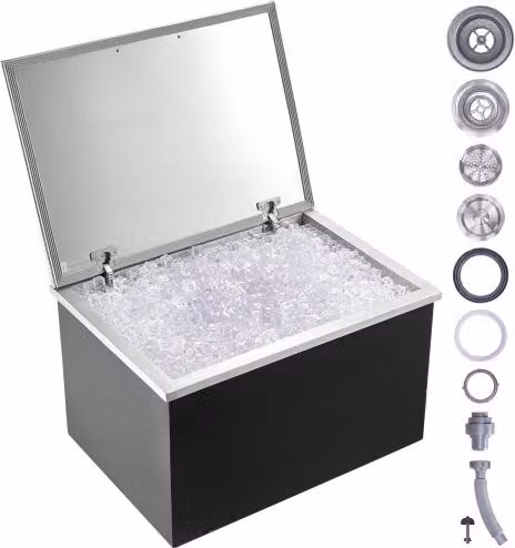 VEVOR Drop-in ijsbox, 107,8 L roestvrijstalen ijskoeler met scharnierend deksel en afvoer, Zilver, B: 71,0 cm, D: 50,8 cm, H: 43,7 cm