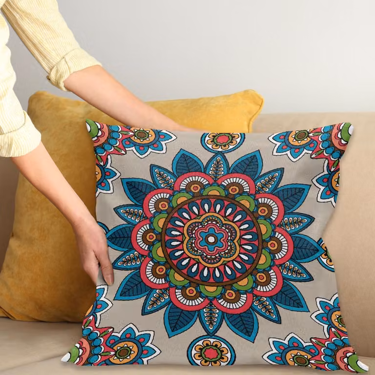 ABAKUHAUS Mandala Sierkussenhoes Retro Turkse Bloem Meditation Tribal Kunst Print Koraal Blauw 40 x 40 cm