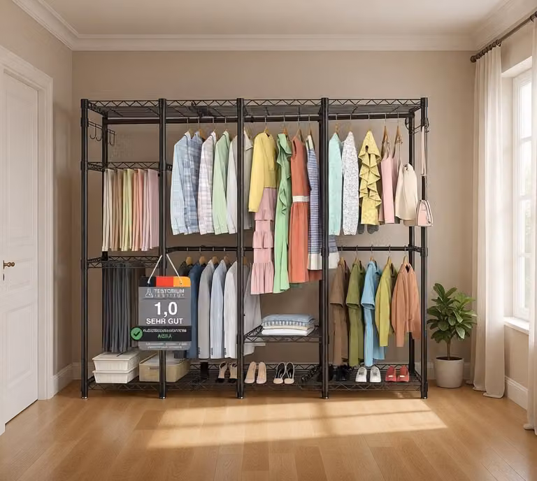 Novihome Luxe Open Kledingkast en Kledingrek met 9 Verstelbare Planken, 5 Kledingstangen en Broekstandaard, Zwart, B/D/H: 193,5 x 43,5 x 195 cm