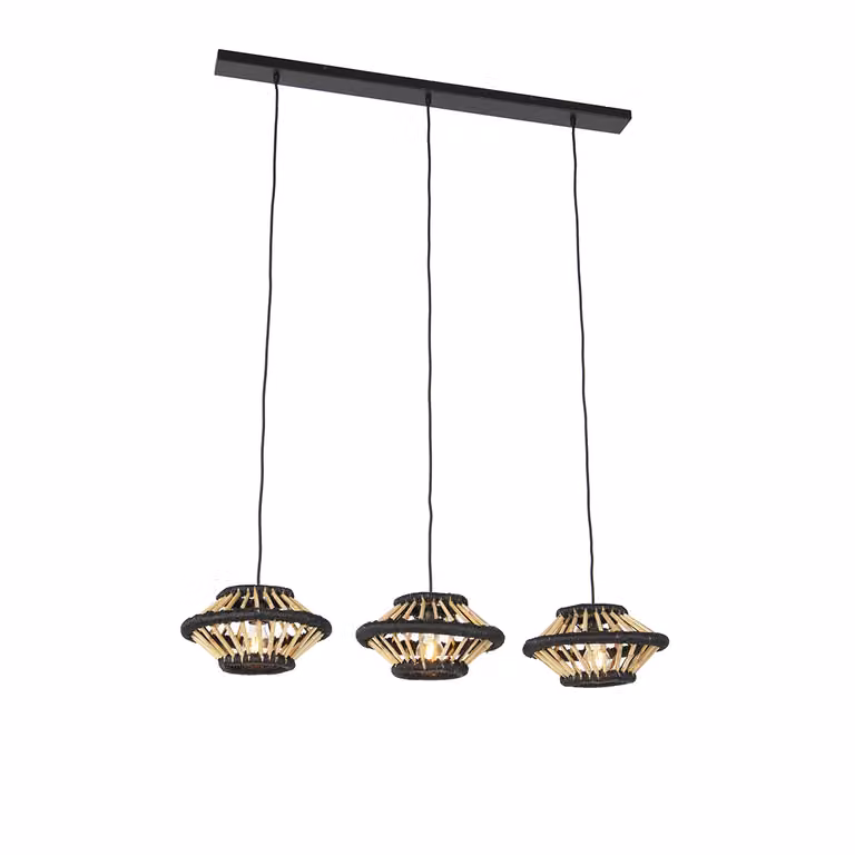 Oosterse hanglamp Qazqa van bamboe en hout in zwart en bruin, 3-lichts, dimbaar