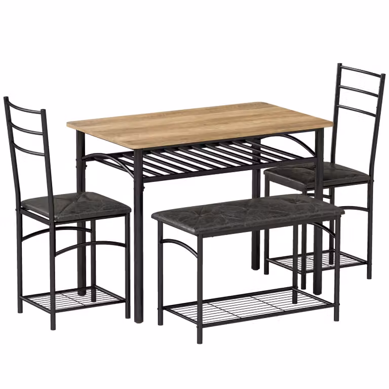 HOMCOM 4-delige eethoekset met industriële keukentafel, 2 stoelen en bank, bruin PU-leer