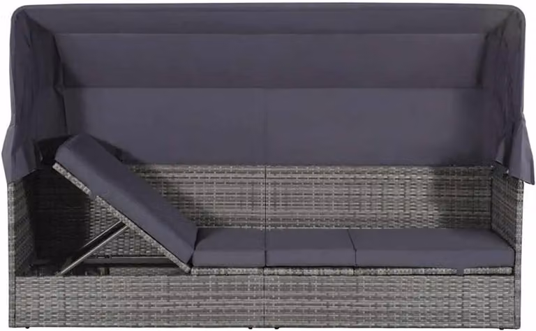 Tuinbed met luifel en schuifdak, grijs, B: 205 cm, D: 62 cm, verstelbaar ligvlak van waterdicht PE-rotan, inclusief dik gevoerd zitkussen met afneembare hoes