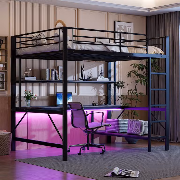 Wishdor Robuuste Tweepersoons Hoogslaper met Bureau, LED, USB en Stopcontact, Industrieel Metaal, Zwart, B/D: 200 x 140 cm