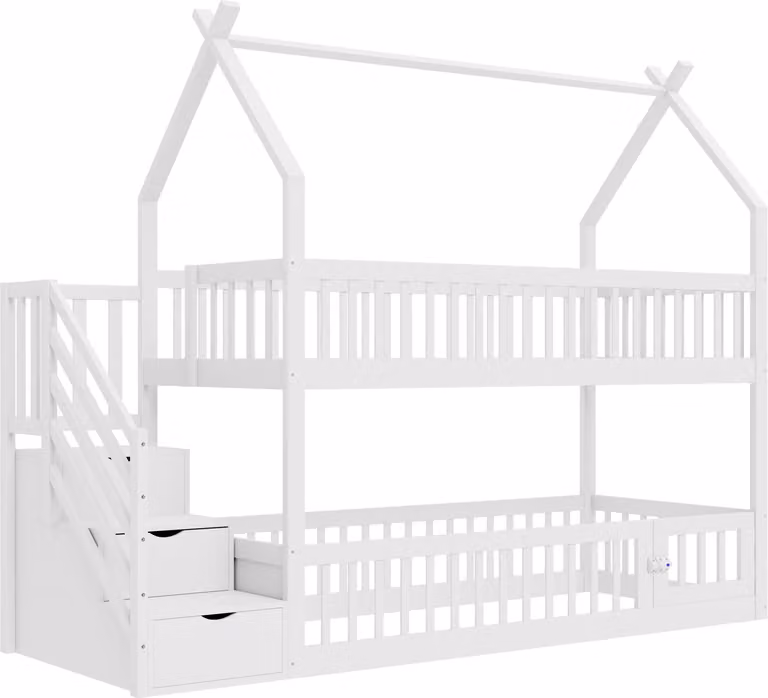 Ropilly Stapelbed met Huisjesdak, Trap en Opberglades - Massief Houten Kinderbed met Omheind Onderbed - Wit - 90x200 cm