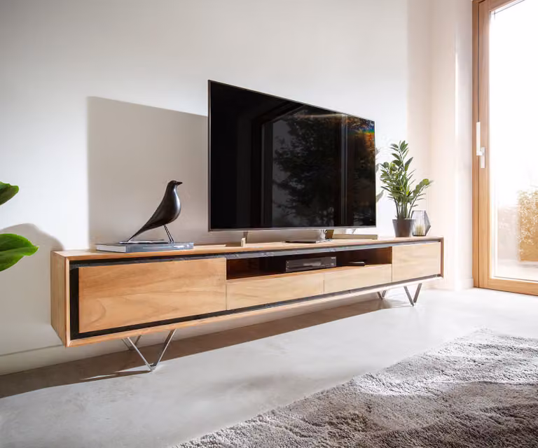 DELIFE Stonegrace Tv-meubel in acacia natuur met steenfineer, 240 cm, bruin/zilver, 2 deuren, 1 legplank en 2 laden