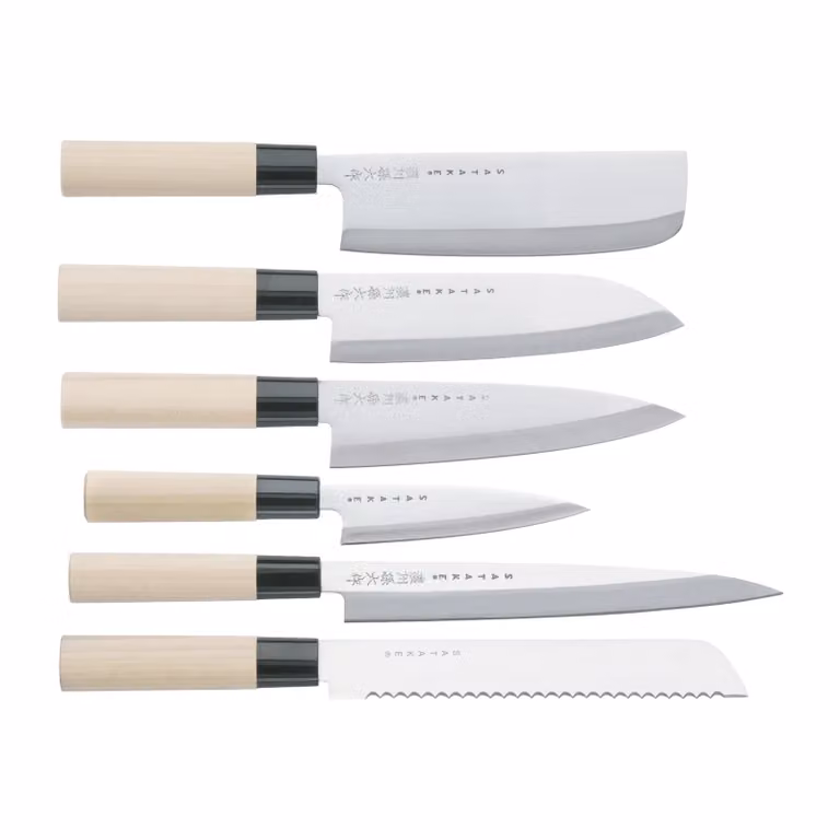Satake 6-delige Japanse messenset met chefmes in Magnolia hout
