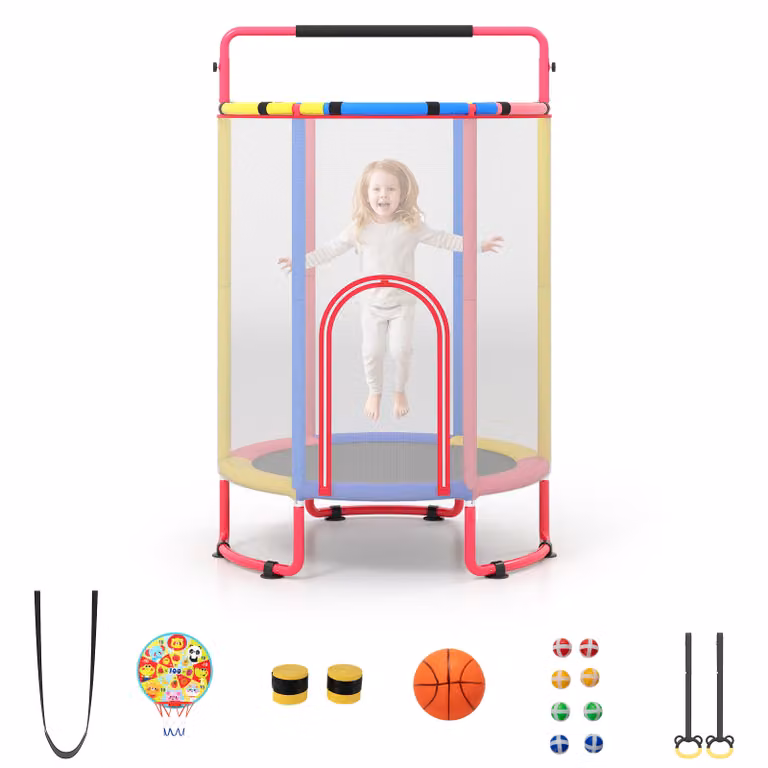 Costway 6-in-1 Kindertrampoline met Veiligheidsnet en Thermisch Verzinkt Metalen Frame, Multicolor, B/D/H: 140 x 140 x 214 cm