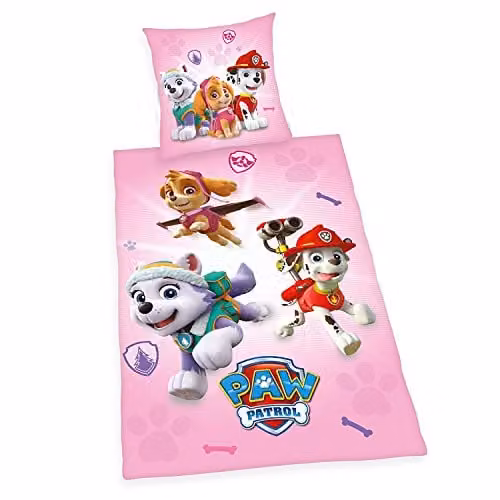 Herding Paw Patrol beddengoedset voor kinderen, omkeerbaar, roze/multicolor, dekbedovertrek 135 x 200 cm en kussensloop 80 x 80 cm, katoen/renforcé