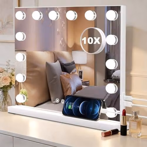 SURFOU Hollywood kaptafel spiegel met verlichting, 14 dimbare LED-lampjes met 3 kleurtemperaturen en oplaadpoorten, wit, 50 x 40 cm