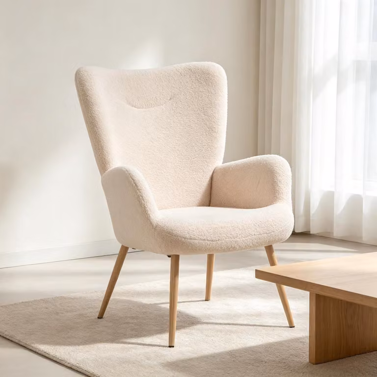 STILVORA Fauteuil met hoge rugleuning en armleuningen, beige polyester loungestoel voor de woonkamer of slaapkamer