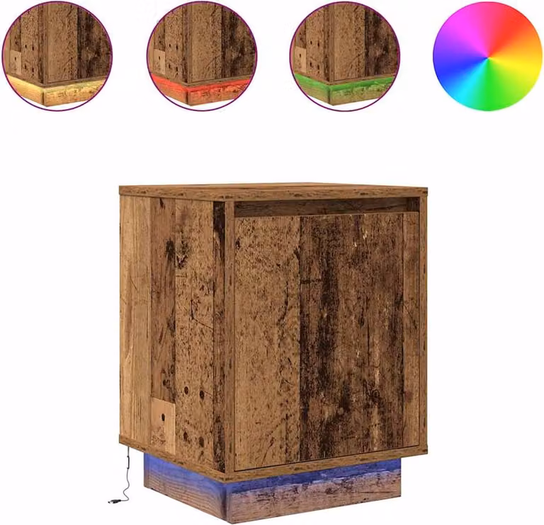 vidaXL Nachtkastjes met LED-verlichting, 2 stuks, oud hout, B: 38 cm, D: 34 cm, H: 50 cm