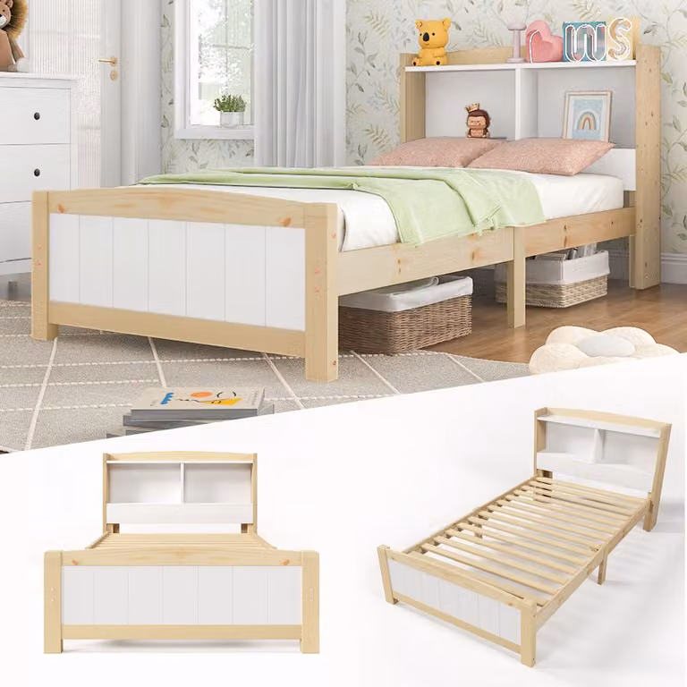 Eenpersoonsbed 90x200 cm met opbergbaar hoofdbord van massief grenen en lattenbodem in wit/natuurlijk voor kinderen en tieners