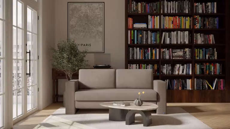 Kubus BRUNO slaapbank in taupe grijs-beige met massief hout en pocketvering, 160 cm