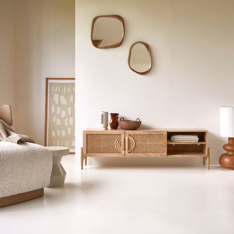 Tikamoon Sina Tv-meubel van massief mangohout en rotan - Bruin - B: 144 cm, D: 36 cm, H: 45 cm