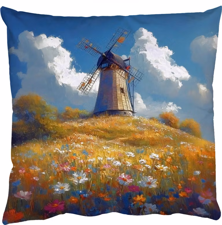Kleurrijk sierkussen met windmolen, heuvel en bloemen - 60 x 60 cm