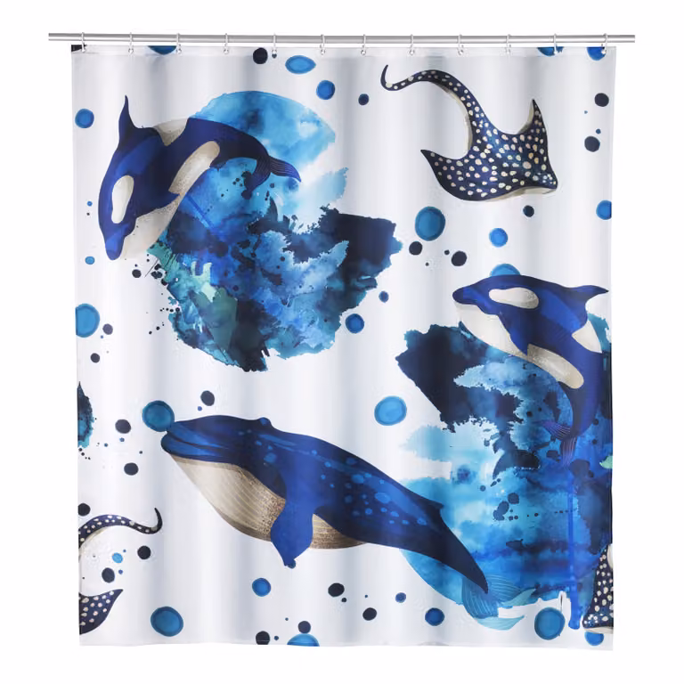 home24 Douchegordijn Aquaris Polyester Wit/Blauw/Meerkleurig B: 180 cm, H: 200 cm