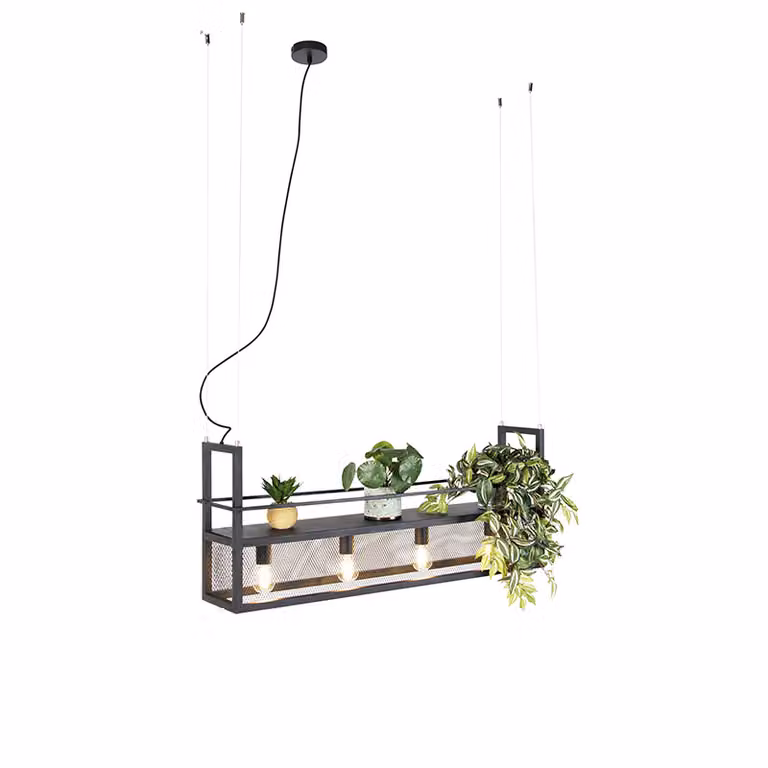 Qazqa Industriële hanglamp zwart, 4-lichts, metalen rechthoekige Cage Rack, dimbaar en hoogte verstelbaar