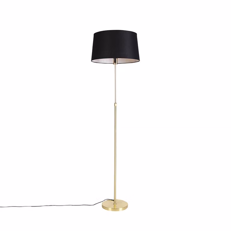 Qazqa Vloerlamp goud/messing met zwarte linnen kap, dimbaar en hoogte verstelbaar
