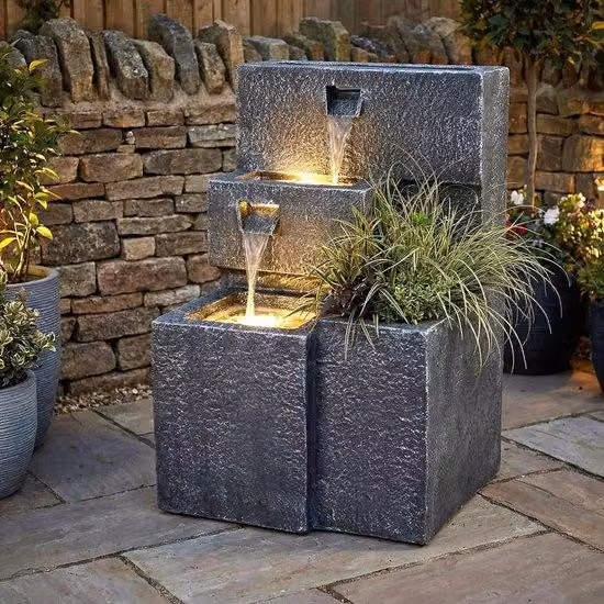 Grijs Tuinfontein met plantenbak en warmwitte ledverlichting, Hoogte: 75 cm