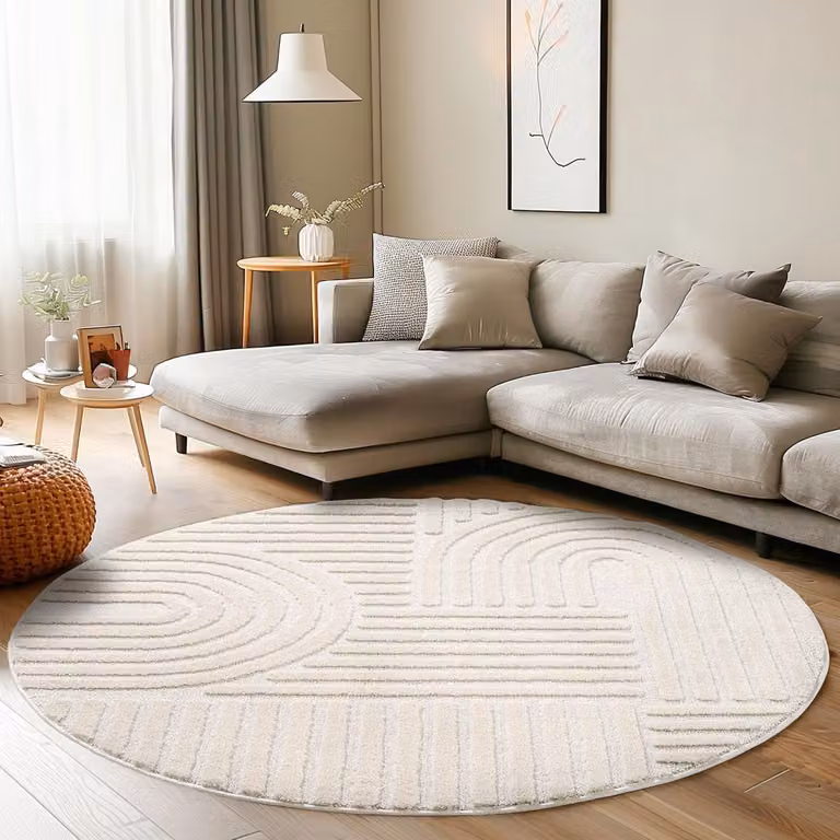 Rond hoogpolig vloerkleed met 3D-boho ontwerp in creme, doorsnede: 200 cm