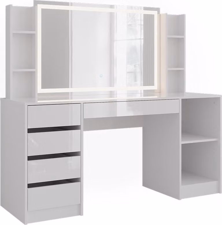 Vicco Kaptafel Sherry Wit/Wit Hoogglans met LED-spiegel, Breedte: 158.2 cm