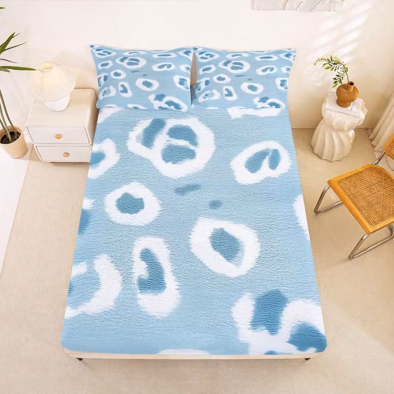 Beddengoedset met luipaardprint en 3D digitale print, lichtblauw, 135 x 200 cm