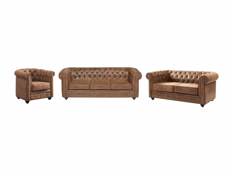 Vente-unique Chesterfield bankstel en fauteuil van microvezel met vintage look in bruin