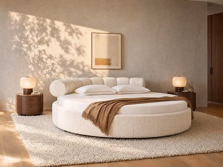 Rond bed ROGILA in wit boucléstof - B/D: 220 x 220 cm
