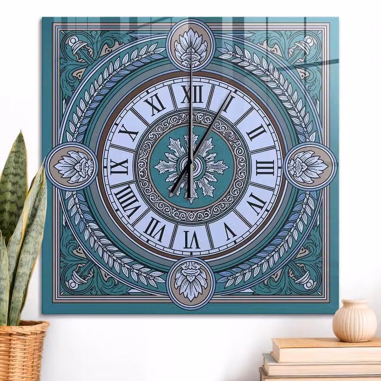 ArtPrintCave Turkoois Glazen Wandklok met Art Nouveau-Schild en Zwarte Wijzers - B/D/H: 60 x 60 x 60 cm