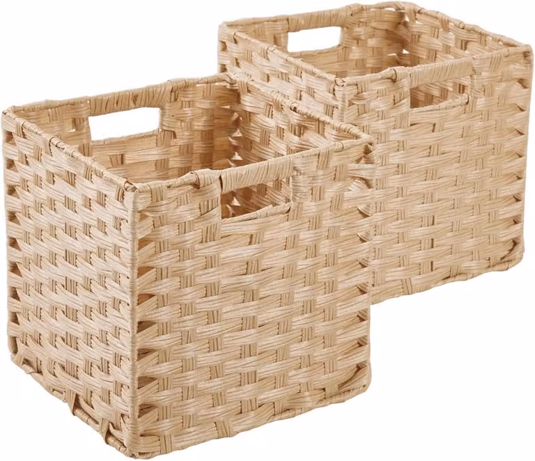 Set van 2 lichtbeige opbergmanden van faux rotan voor speelgoed en kleding, B/D/H: 28 x 28 x 28 cm