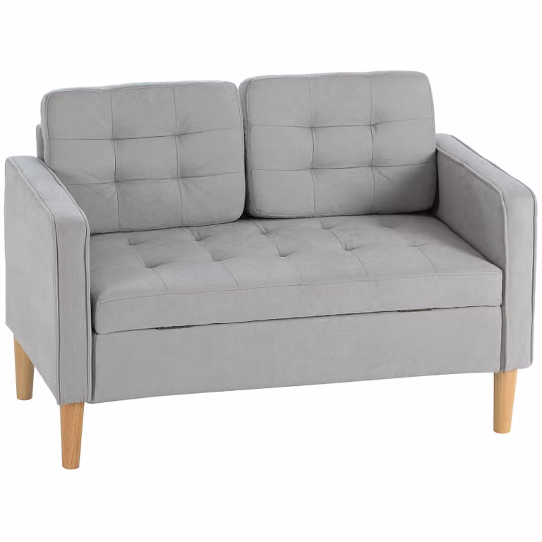 HOMCOM 2-zits bank met opbergruimte en comfortabele kussens, lichtgrijs, B 117 x D 62 x H 78 cm